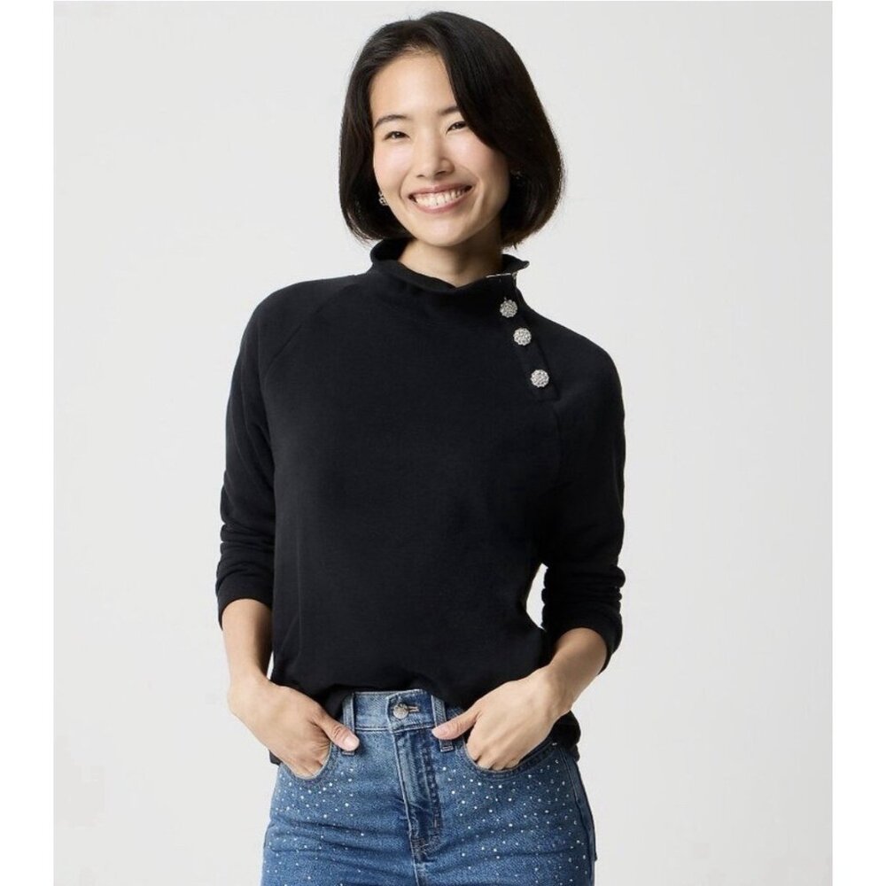 NWT J.Crew Factory Jewel-button Mockneck Pullover Black Sz Large Fleece